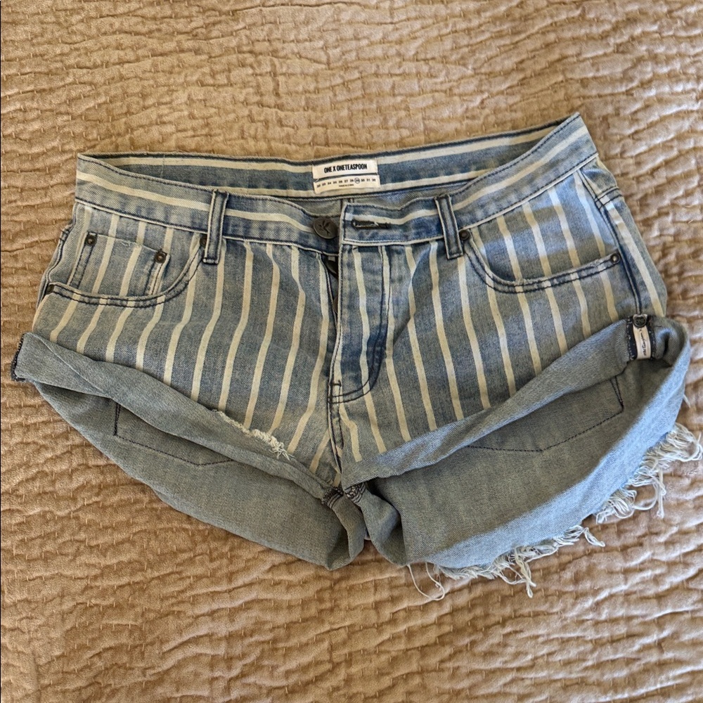One Teaspoon Blue and White Striped Jean Shorts